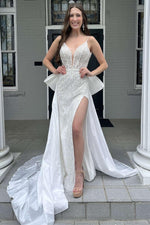 Luxury V-Neck Spaghetti-Straps Sleeveless Wedding Dress High Slit Open Back With Beads Bowknot