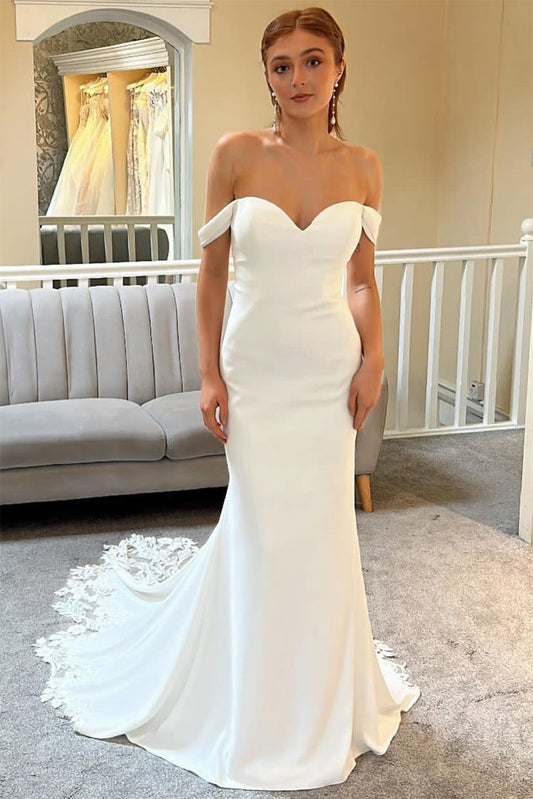 Elegant Sweetheart Off-The-Shoulder Satin Wedding Dress Mermaid Sleeveless Open Back With Appliques Lace
