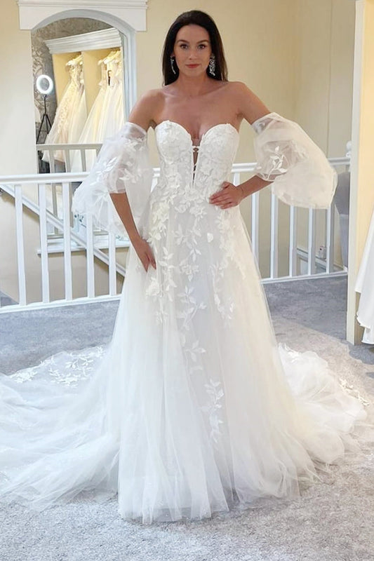 Luxury Sweetheart Strapless Tulle Wedding Dress A-Line Appliques Lace With Detachable Sleeves