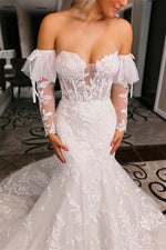 Charming Strapless Mermaid Tulle Wedding Dress Open Back Lace Appliques With Detachable Long Sleeves