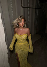 Yellow Lace Sweetheart Mermaid Detachable Long Sleeve Side Slit Prom Dress