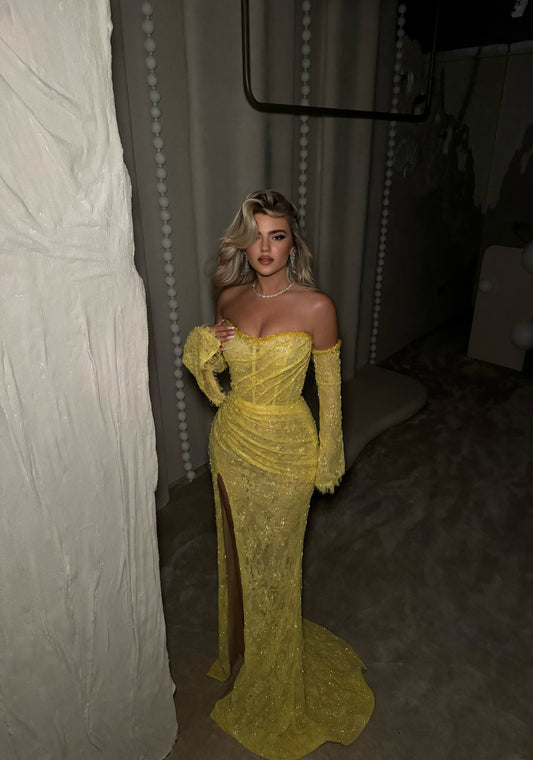 Yellow Lace Sweetheart Mermaid Detachable Long Sleeve Side Slit Prom Dress
