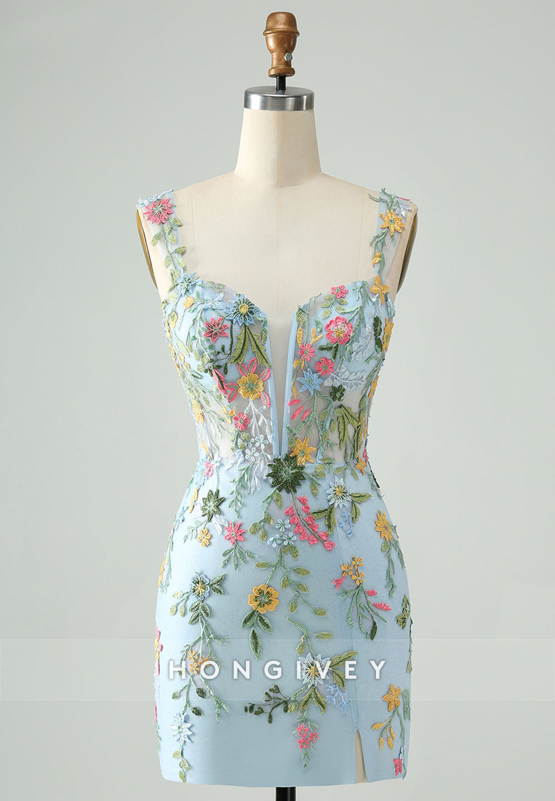 Sheath Tie Back Shoulder Flower Short Homecoming Dress with Embroidery Flowers