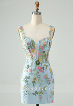Sheath Tie Back Shoulder Flower Short Homecoming Dress with Embroidery Flowers