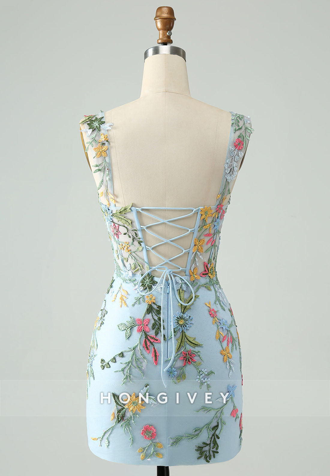 Sheath Tie Back Shoulder Flower Short Homecoming Dress with Embroidery Flowers