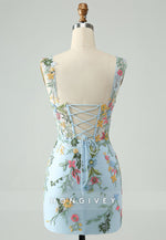 Sheath Tie Back Shoulder Flower Short Homecoming Dress with Embroidery Flowers