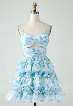 A-Line Spaghetti Straps Tiered Blue Floral Short Homecoming Dress
