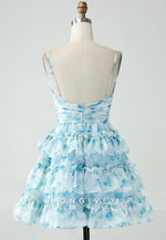 A-Line Spaghetti Straps Tiered Blue Floral Short Homecoming Dress