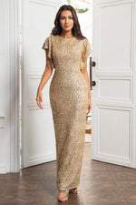 Golden Flutter Sleeves Sequins Mother of the Bride Dress