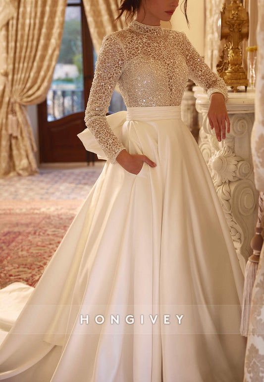 Illusion Neck Long Sleeve Pleated High Neck Chapel Train Ball Gown Bowknot Back Hole Wedding Dresses