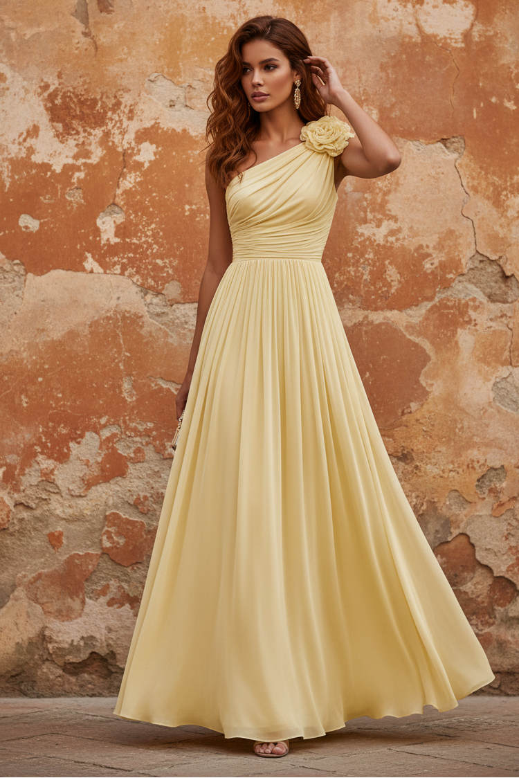 Yellow 3D Flowers Gathered Chiffon One Shoulder Sleeveless A-Line Evening Dress