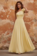 Yellow 3D Flowers Gathered Chiffon One Shoulder Sleeveless A-Line Evening Dress
