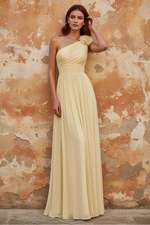 Yellow 3D Flowers Gathered Chiffon One Shoulder Sleeveless A-Line Evening Dress
