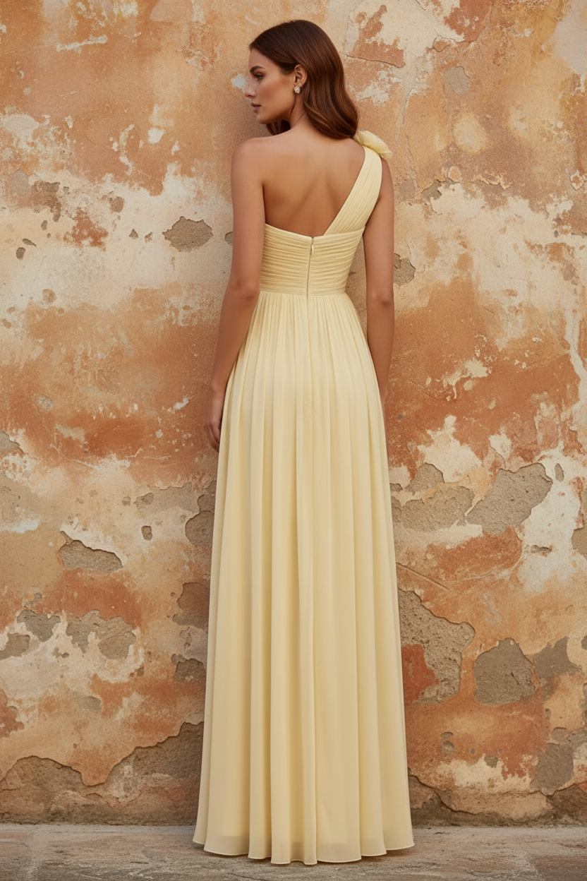 Yellow 3D Flowers Gathered Chiffon One Shoulder Sleeveless A-Line Evening Dress