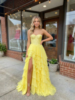 Yellow A Line Corset Ruffle Prom Dress with High Slit