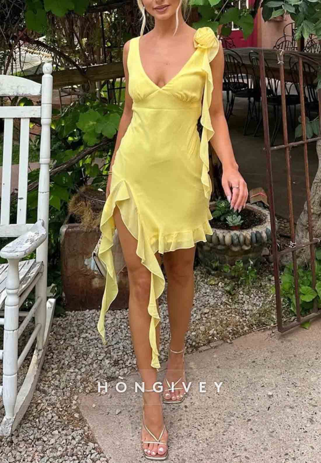 Yellow Asymmetrical Ruffle Hem Homecoming Dress with Floral Shoulder Detail