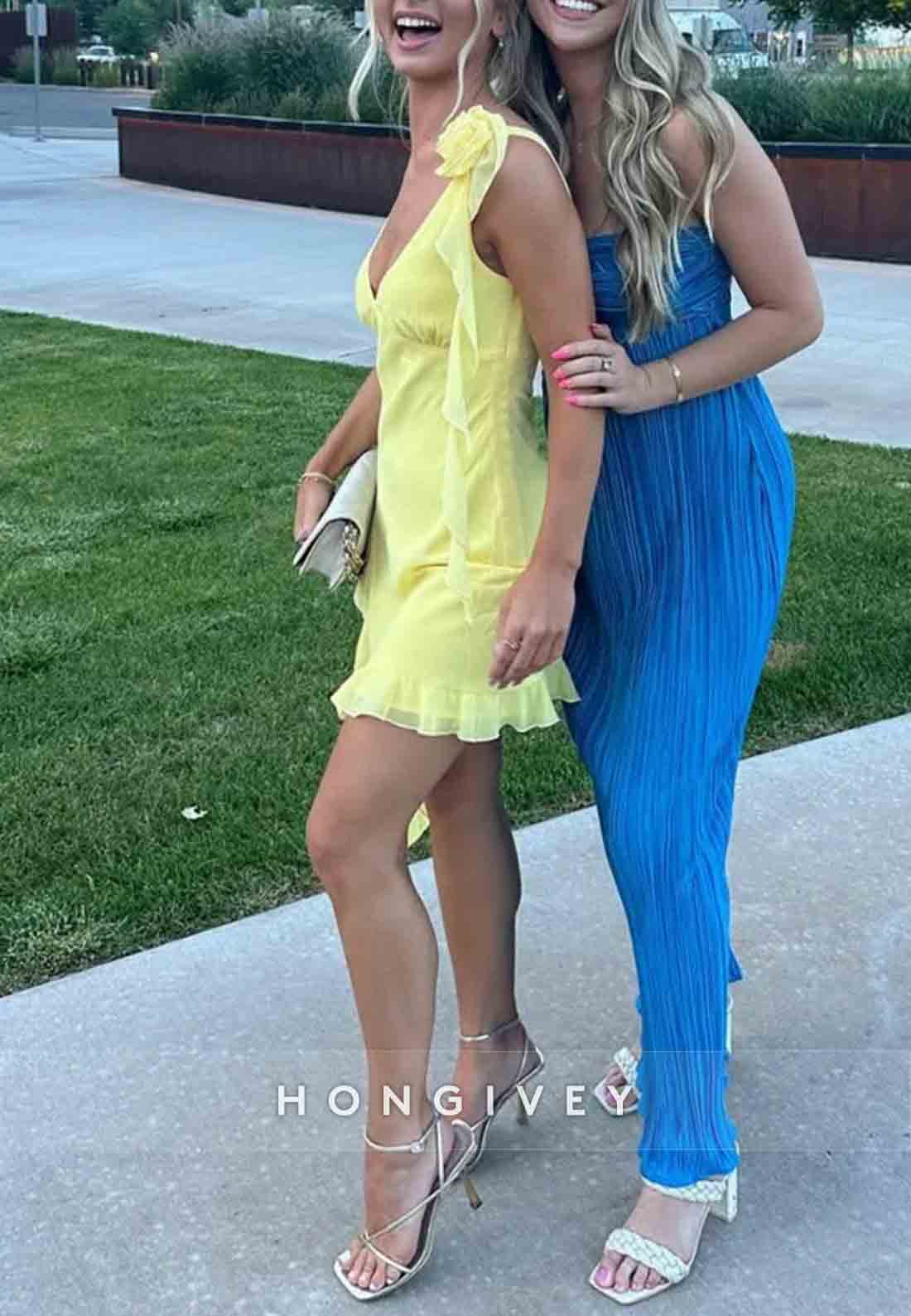 Yellow Asymmetrical Ruffle Hem Homecoming Dress with Floral Shoulder Detail