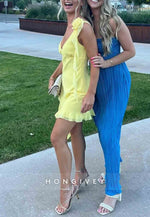 Yellow Asymmetrical Ruffle Hem Homecoming Dress with Floral Shoulder Detail