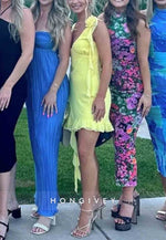 Yellow Asymmetrical Ruffle Hem Homecoming Dress with Floral Shoulder Detail