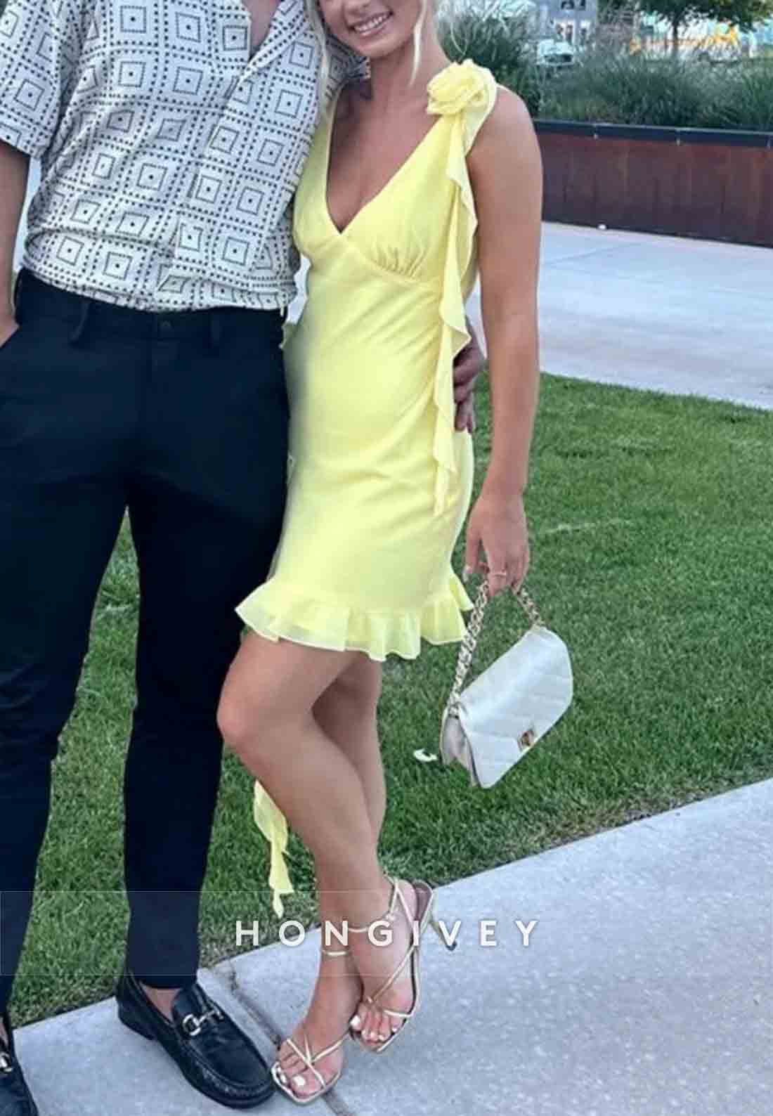 Yellow Asymmetrical Ruffle Hem Homecoming Dress with Floral Shoulder Detail