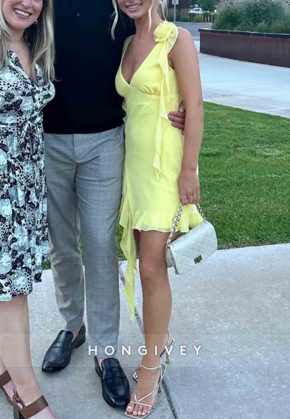 Yellow Asymmetrical Ruffle Hem Homecoming Dress with Floral Shoulder Detail