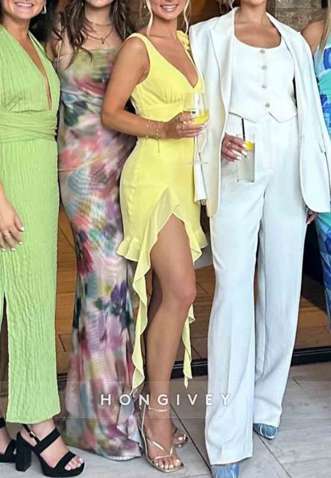 Yellow Asymmetrical Ruffle Hem Homecoming Dress with Floral Shoulder Detail