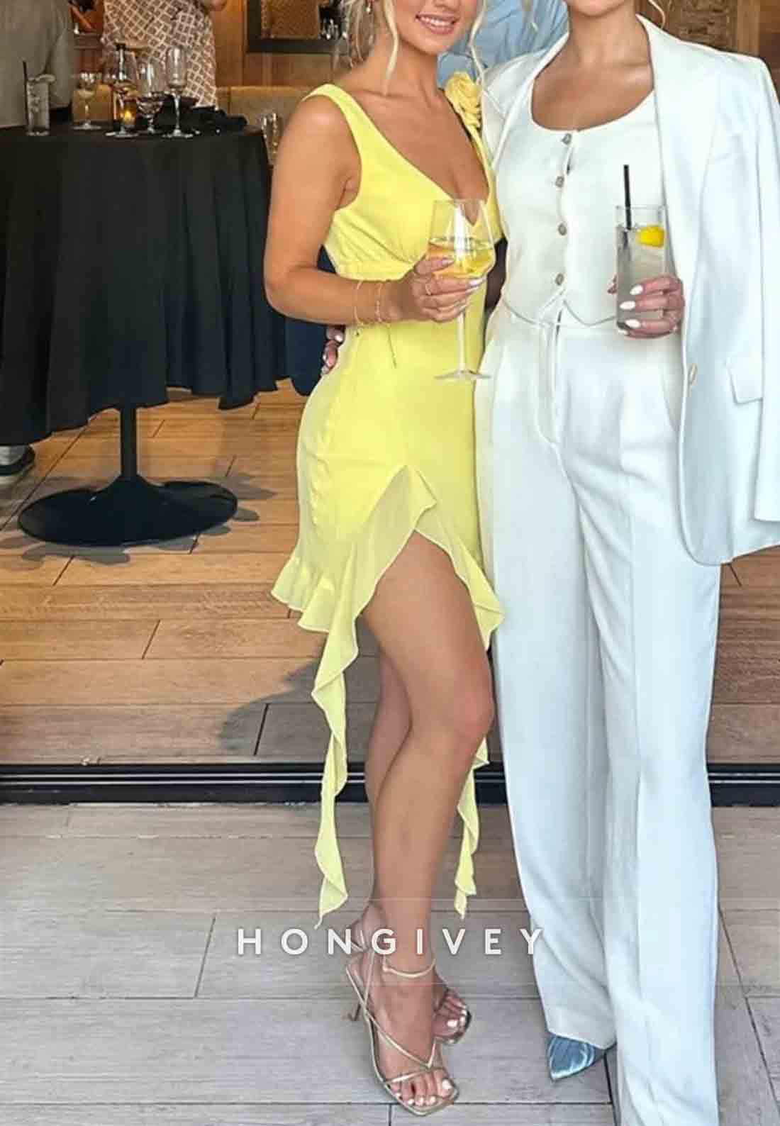 Yellow Asymmetrical Ruffle Hem Homecoming Dress with Floral Shoulder Detail