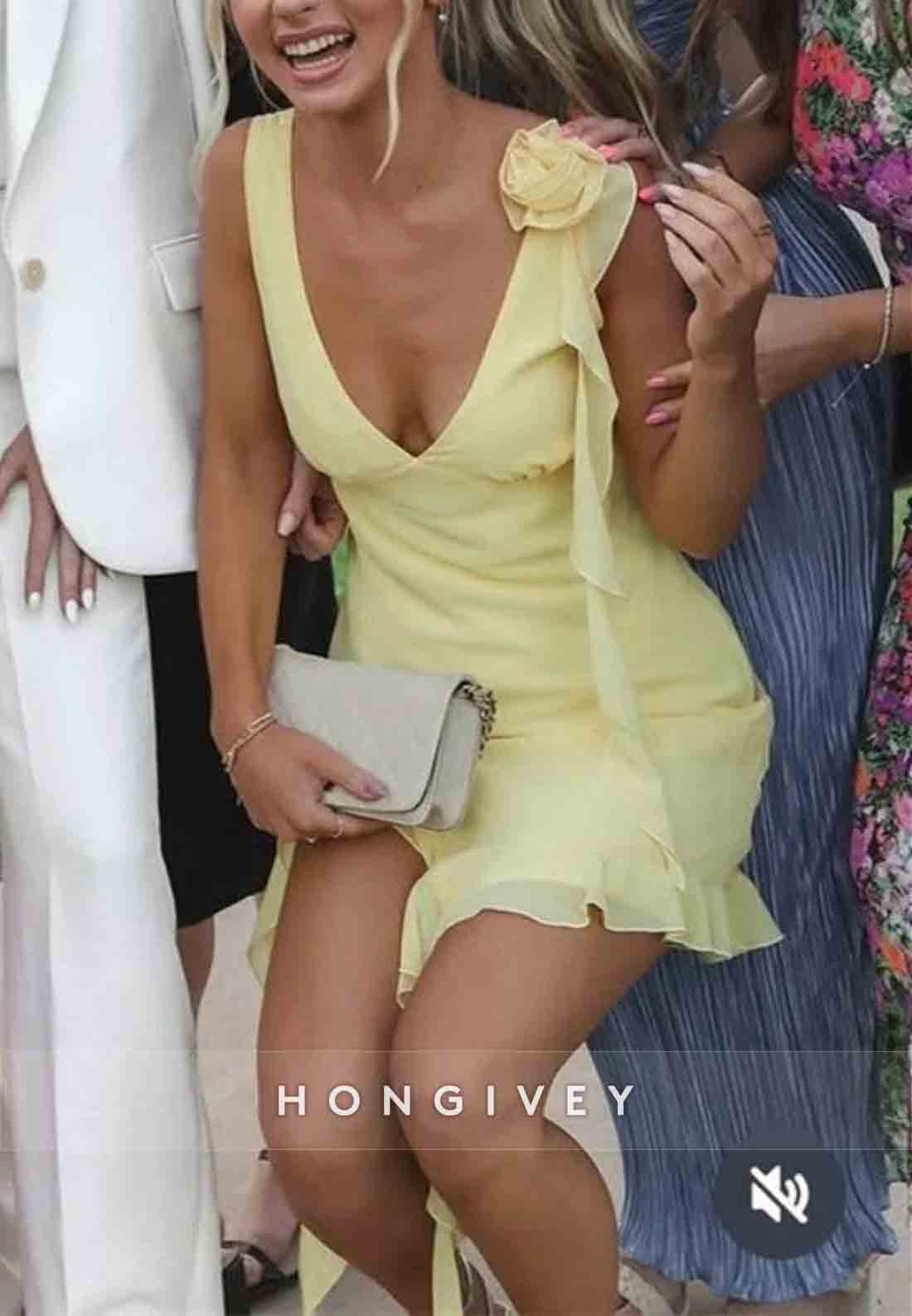 Yellow Asymmetrical Ruffle Hem Homecoming Dress with Floral Shoulder Detail