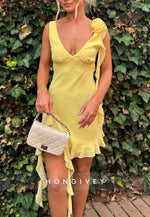 Yellow Asymmetrical Ruffle Hem Homecoming Dress with Floral Shoulder Detail