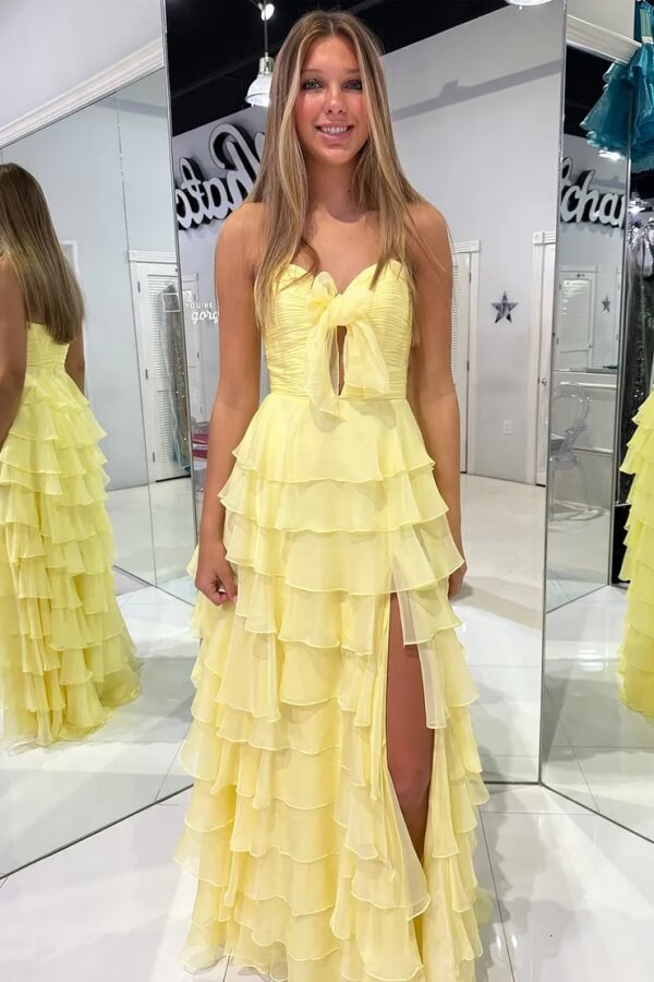 Yellow Chiffon A-line Strapless Keyhole Tiered Prom Dresses With Slit
