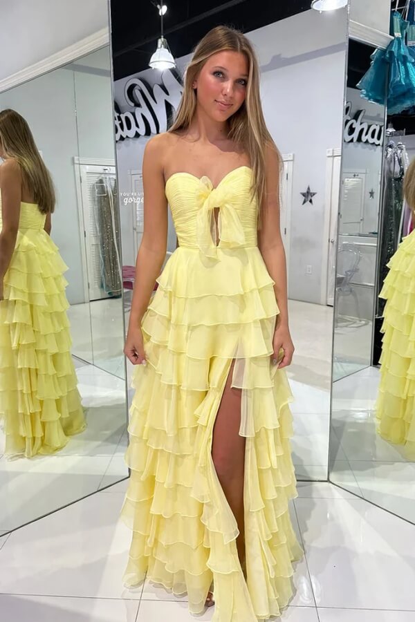 Yellow Chiffon A-line Strapless Keyhole Tiered Prom Dresses With Slit