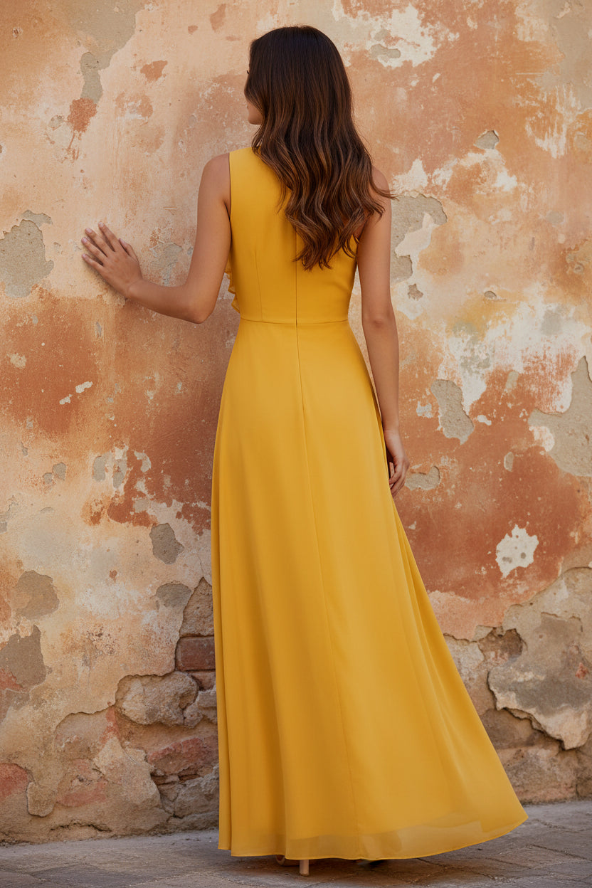 Yellow Chiffon One Shoulder Sleeveless Mermaid Ruffles Side Slit Evening Dress