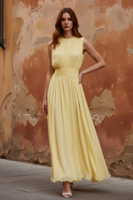 Ruched Chiffon O-Neck Sleeveless A-Line Ankle-Length Evening Dress