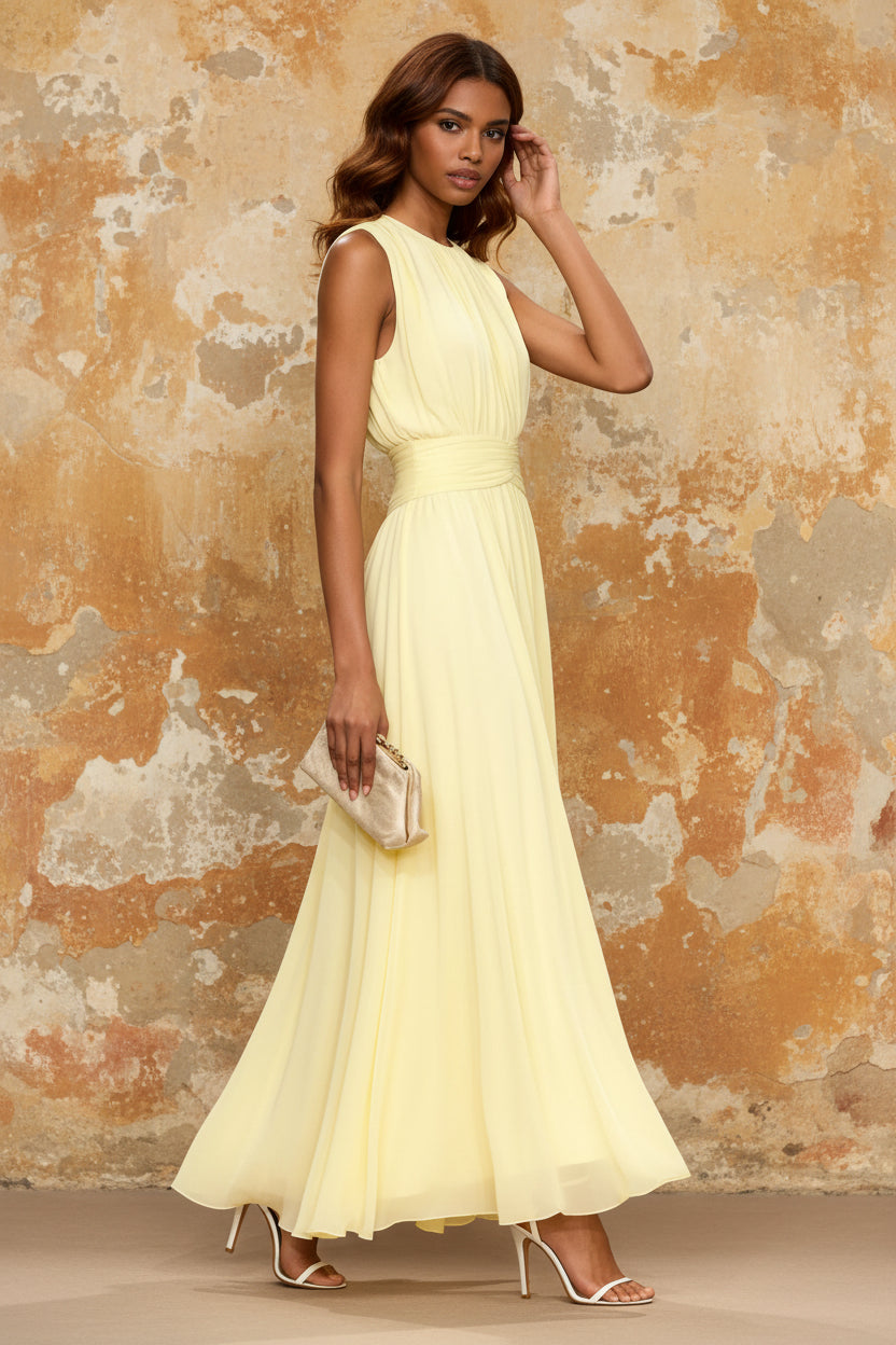 Ruched Chiffon O-Neck Sleeveless A-Line Ankle-Length Evening Dress