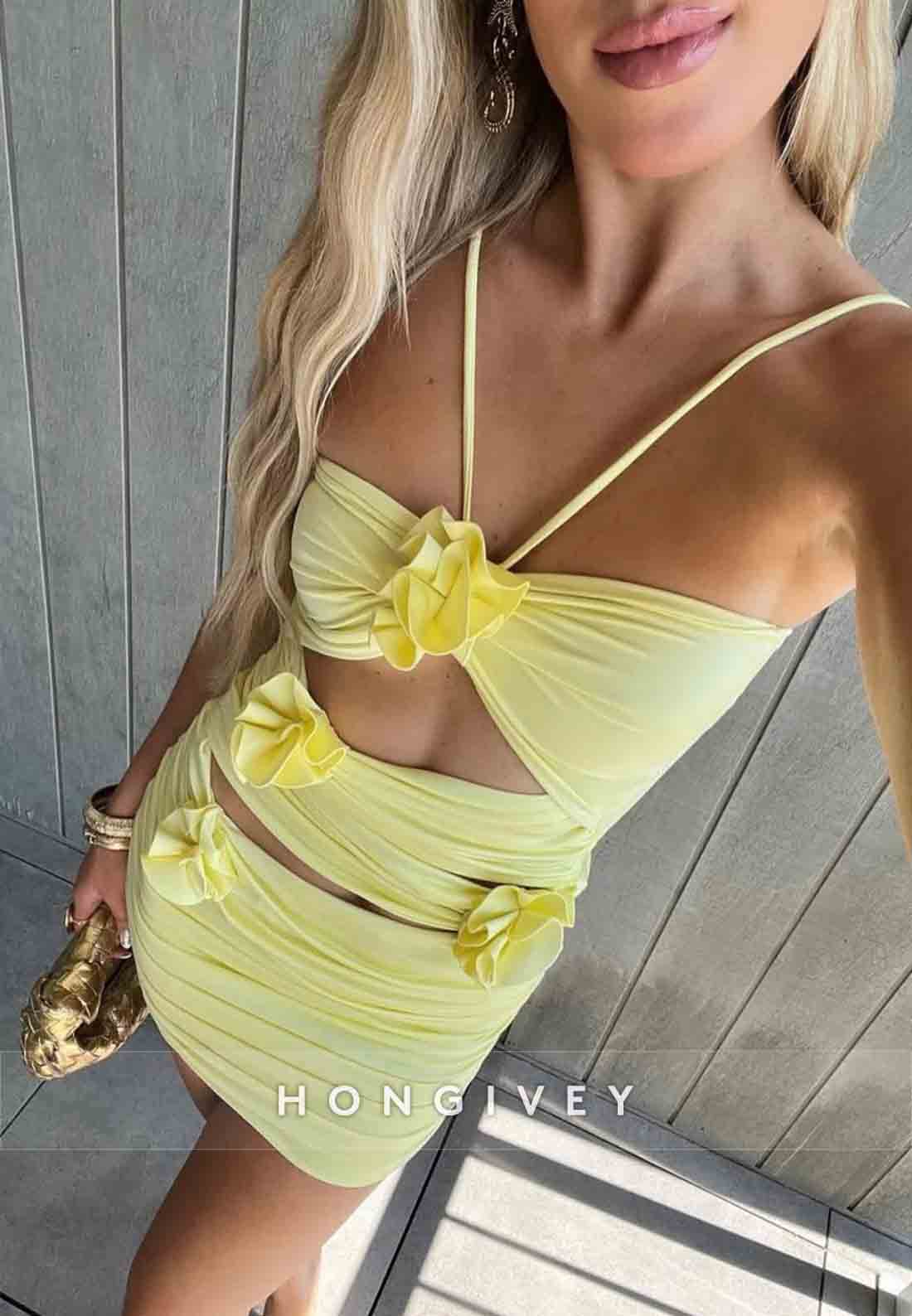 Halter Yellow Ruched Cutout Homecoming Dress with 3D Floral Appliques