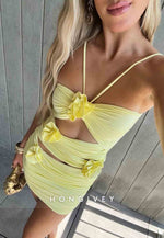 Halter Yellow Ruched Cutout Homecoming Dress with 3D Floral Appliques