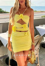 Halter Yellow Ruched Cutout Homecoming Dress with 3D Floral Appliques