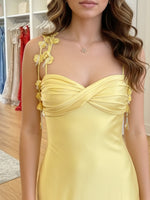Yellow Satin Mermaid Prom Dress with Floral Straps