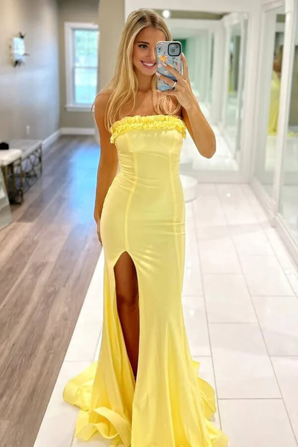 Yellow Satin Mermaid Ruffled Strapless Long Prom Dresses With Slit