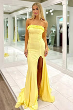 Yellow Satin Mermaid Ruffled Strapless Long Prom Dresses With Slit