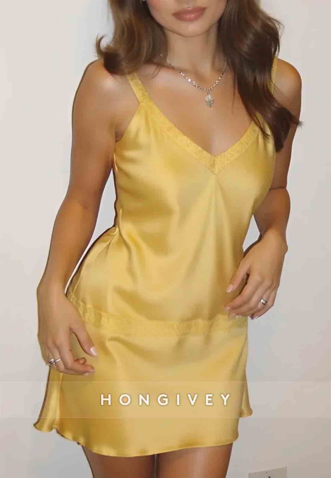 Yellow Satin Slip Cross Back Short Homecoming Dress with Lace Trim
