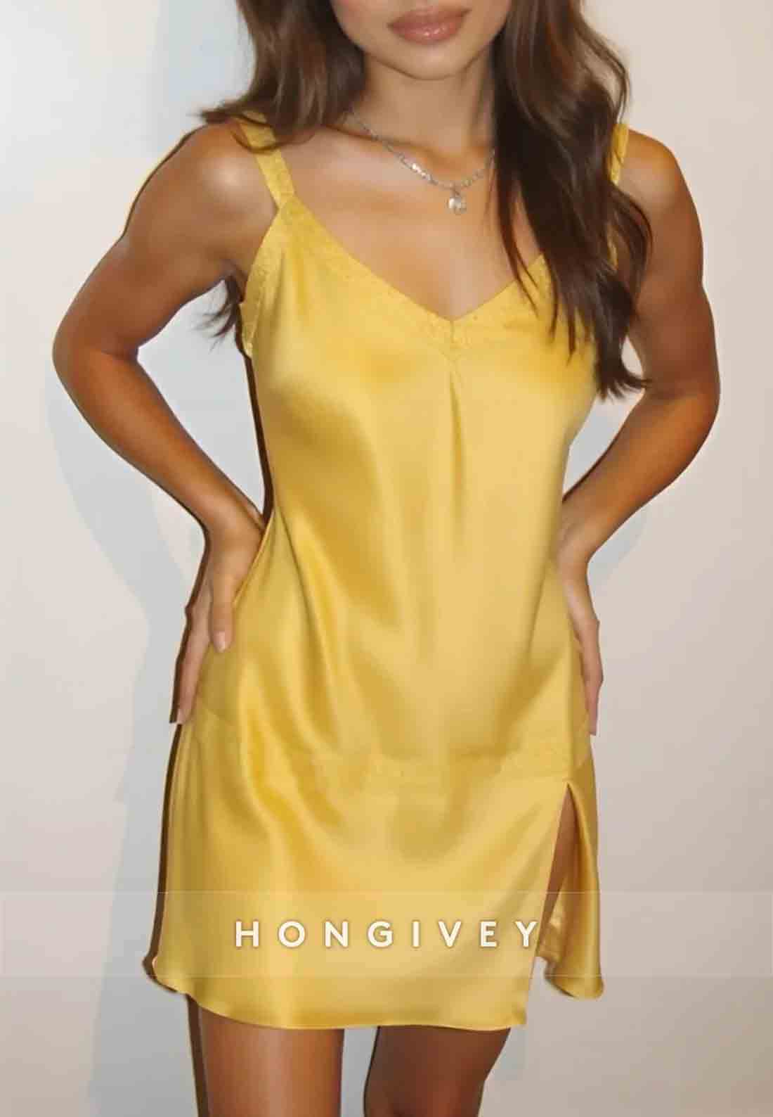 Yellow Satin Slip Cross Back Short Homecoming Dress with Lace Trim