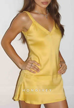 Yellow Satin Slip Cross Back Short Homecoming Dress with Lace Trim