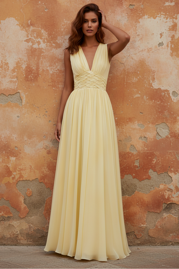 Yellow V Neck Sleeveless A-Line Backless Evening Dress