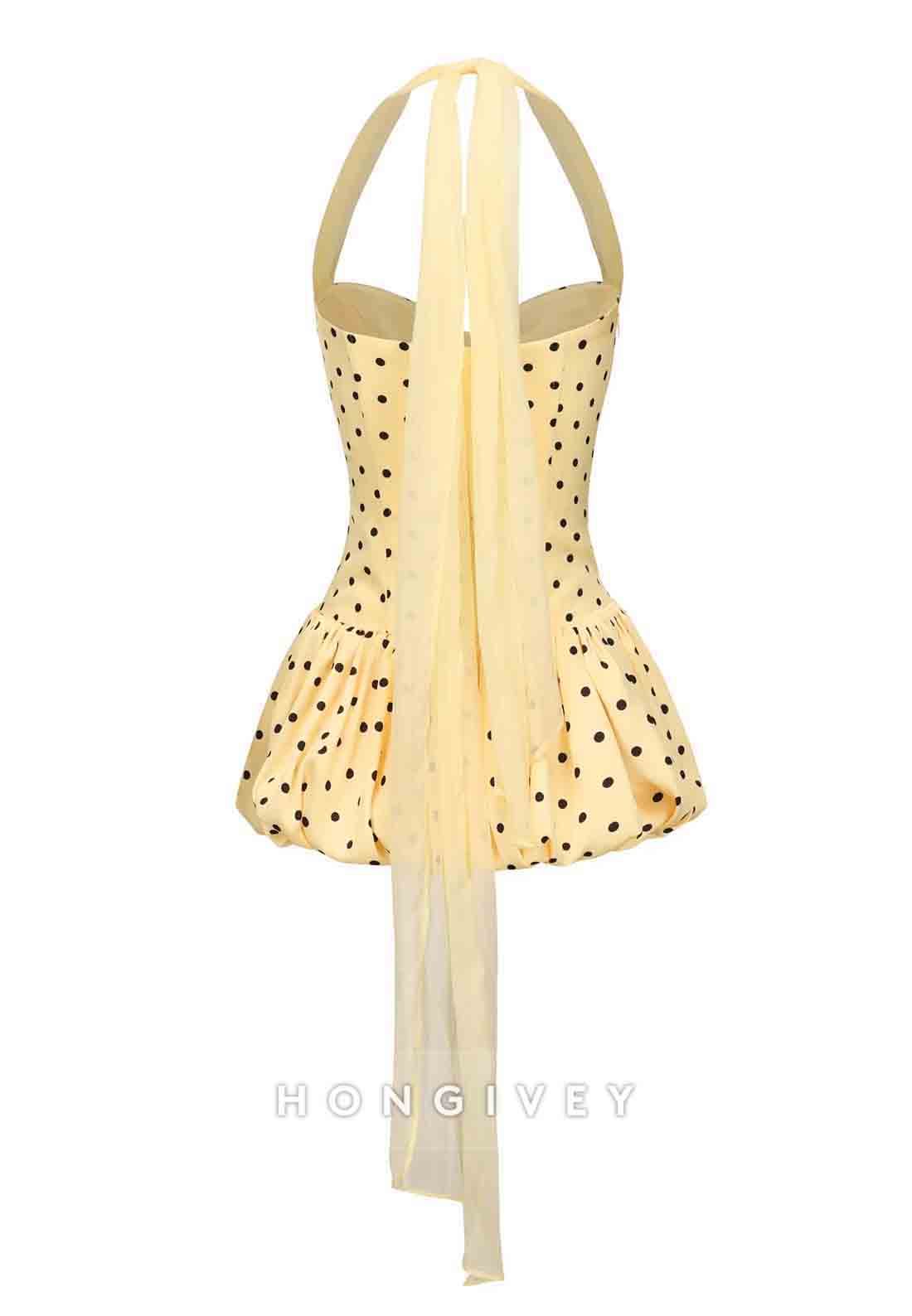 Yellow Halter Neck Spotted Ruched Sweetheart A-Line Mini Homecoming Dress