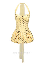 Yellow Halter Neck Spotted Ruched Sweetheart A-Line Mini Homecoming Dress