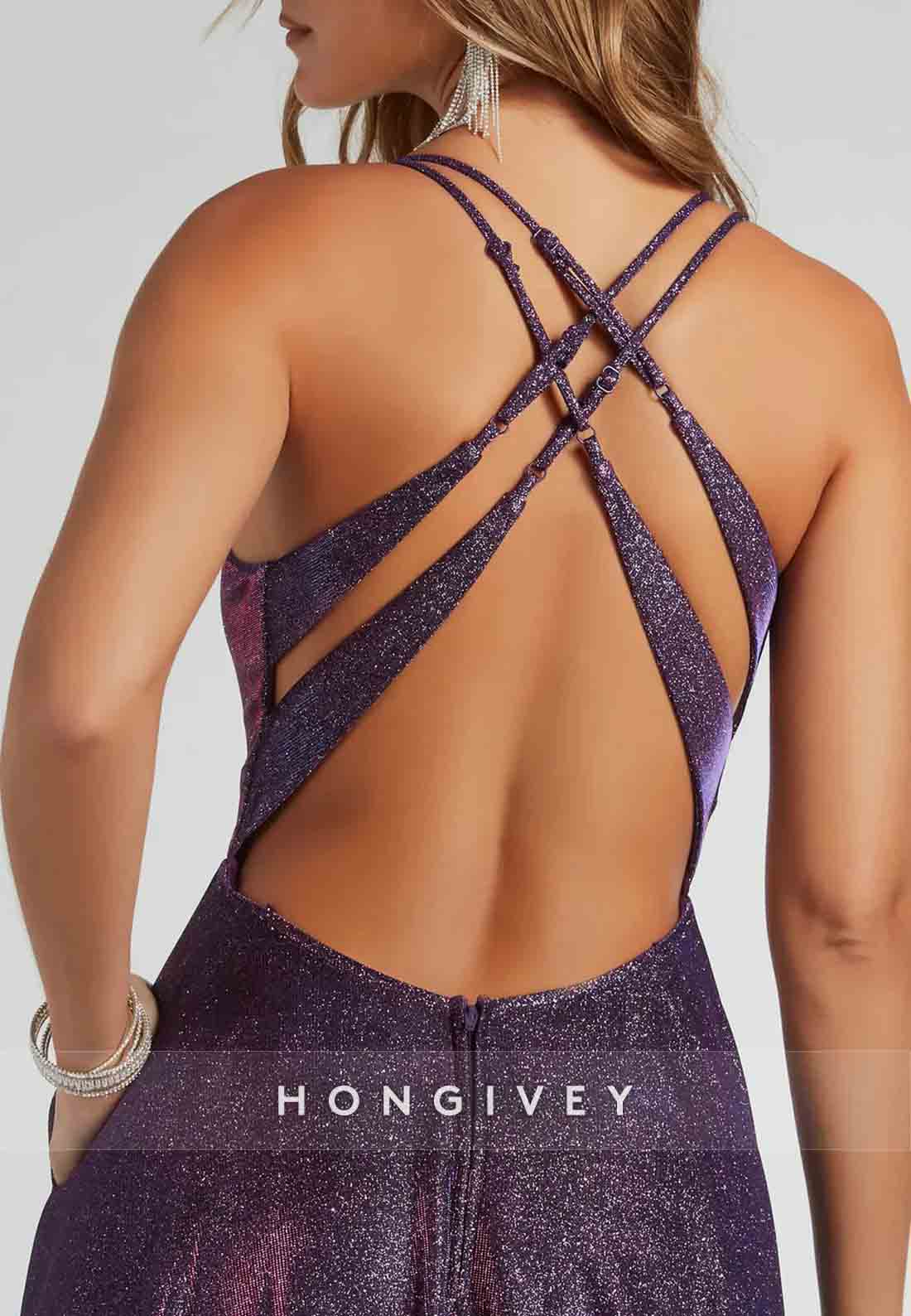 Spaghetti Straps A-Line Stunning Purple Glitter Prom Dresses Crisscross Back Formal Dress