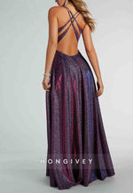 Spaghetti Straps A-Line Stunning Purple Glitter Prom Dresses Crisscross Back Formal Dress