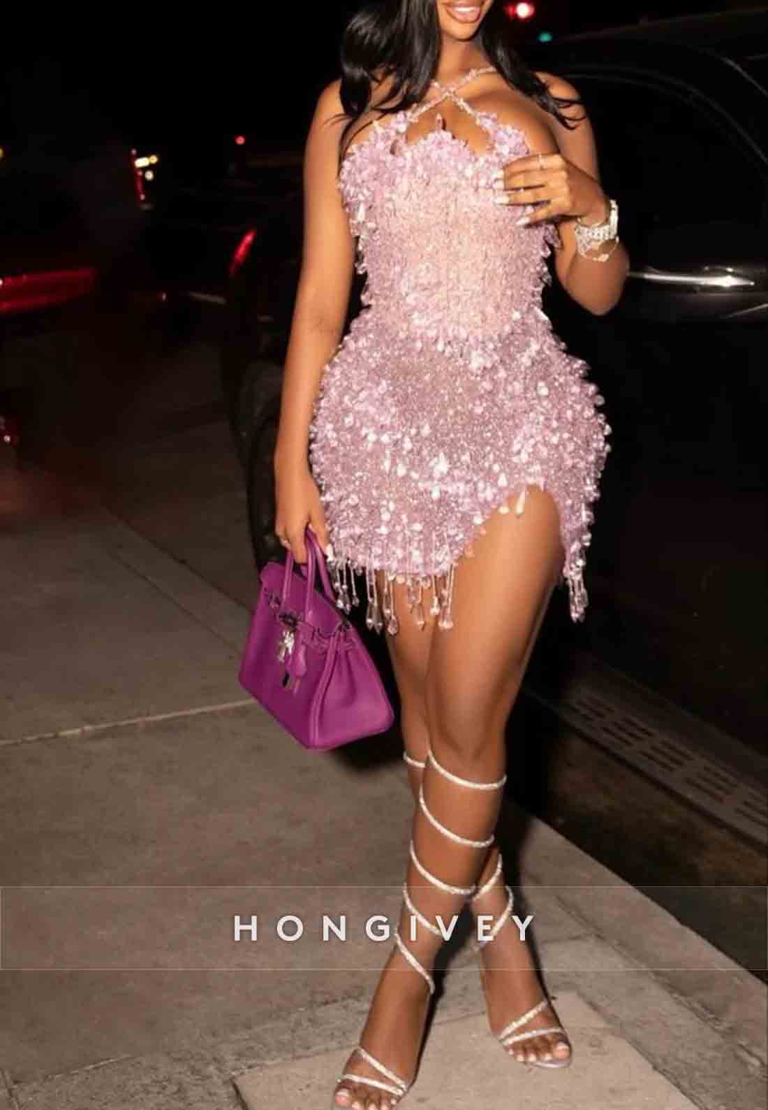 Rhinestone Sleeveless Crisscross Back Beading Side Slit Sheath Mini Homecoming Dresses