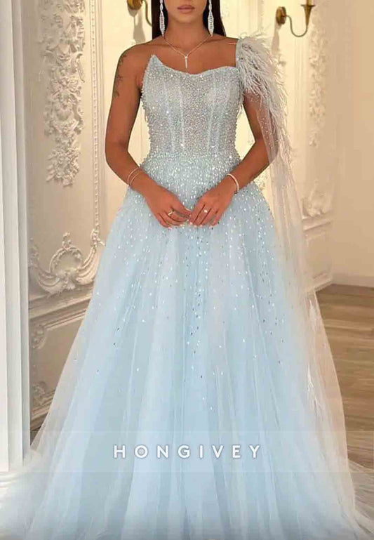 Feather One Shoulder Floor-Length Floor-Length Beading A-Line Tulle Evening Gowns